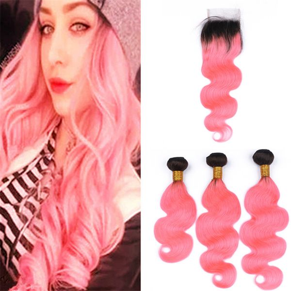 2019 Light Pink Ombre Body Wave Lace Closure And Bundles Body Wave Wavy Dark Roots 1b Pink Ombre Hair Weave With Free Part Closure From Dh Hair1