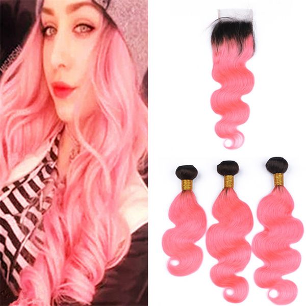 2019 Light Pink Ombre Body Wave Lace Closure And Bundles Body Wave Wavy Dark Roots 1b Pink Ombre Hair Weave With Free Part Closure From Dh Hair1