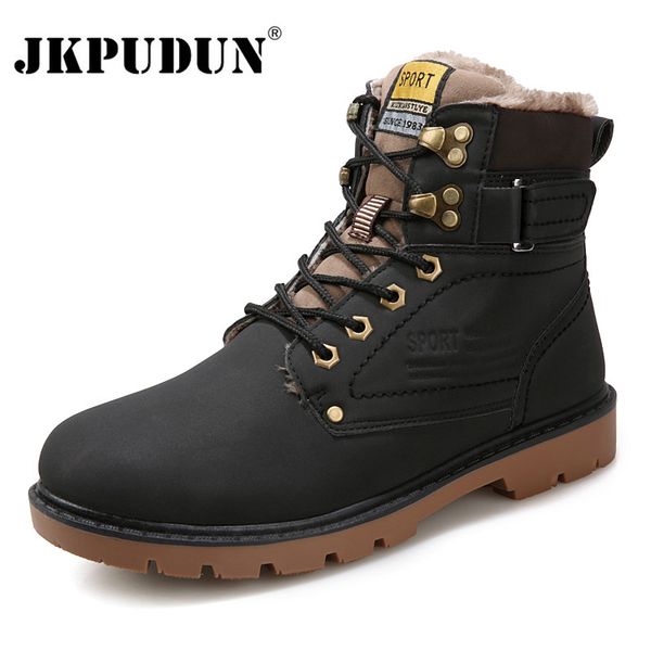 JKPUDUN Warme Winter Stiefeletten Männer Casual Schuhe Lace-Up Herbst Leder Wasserdichte Arbeits Werkzeug Herren Stiefel Militär Armee botas