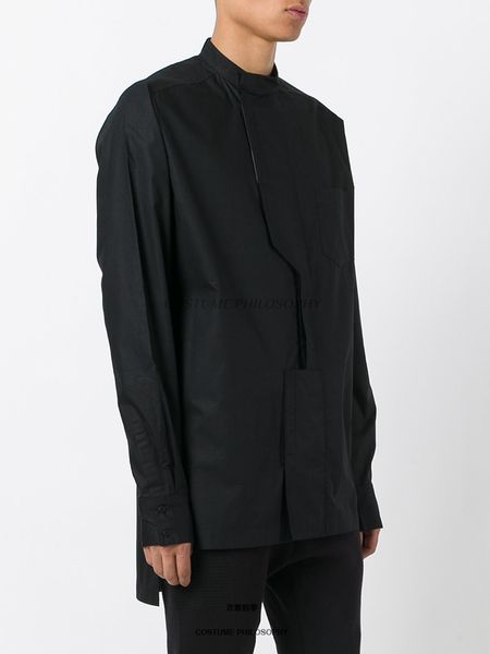

6xl the big size show 2018 new men's long-sleeved stand-up collar shirt asymmetrical design dark original custom shirt, White;black