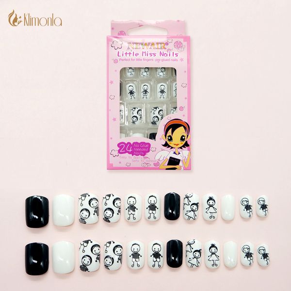 

cute kids false nails 24pcs/set girl and boys pre-design nep nagels with pre-glue artificial nail art tips press on fake nails, Red;gold