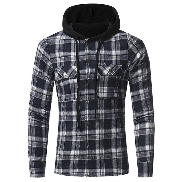 

vogue teenager nice new autumn plus size 3xl hat plaid shirt men hooded cotton shirt punk hip hop out cap casual shirts, White;black