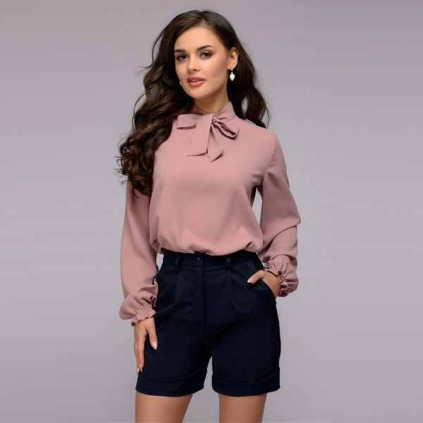 

women casual bow bandage blouse ladies o neck long sleeve and blouse 2018 new fashion elegant office lady work shirts, White