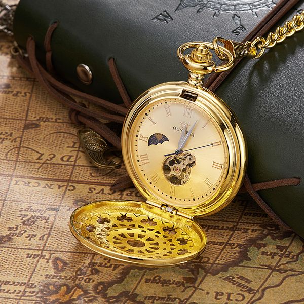 

new arrival antique style skeleton steampunk mooonphase mens hand wind mechanical pocket watch fob watch w/china nice xmas gift, Slivery;golden