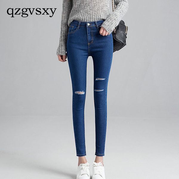 

2018 new fashion high-elastic slim slim pencil small feet nine points jeans, Blue