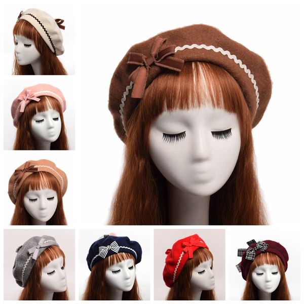 

1pc handmade raised grain women beret lolita girls bowknot painter hat beanie beige red pink gray, Silver