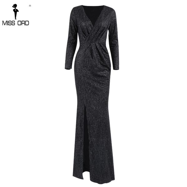 

missord 2018 v neck long sleeve glitter high split dress female elegant party clubwear maxi elegant dress vestdiosft18776-3, Black;gray