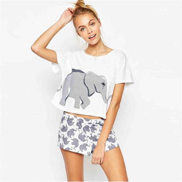 

bofute new summer sweet cute elephant pattern printing fashion wild short-sleeved t-shirt female b5049, White