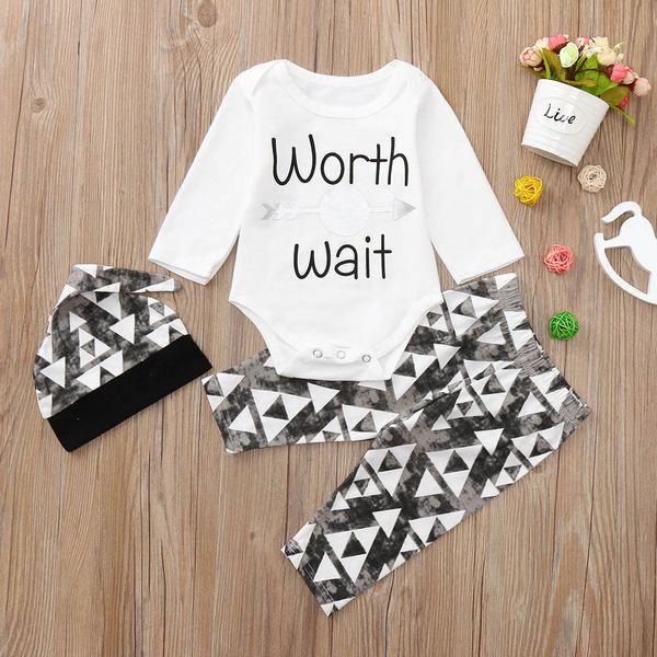 

autumn and winter newborn stylish and fashion design infant baby boy letter romper long pants hat outfits set clothes #30, White