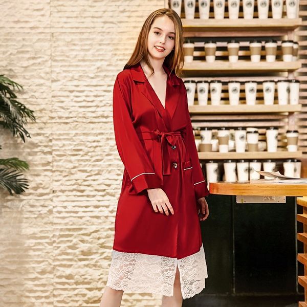 

spinning silk robe ms. summer long-sleeved silk home clothing factory, Black;red
