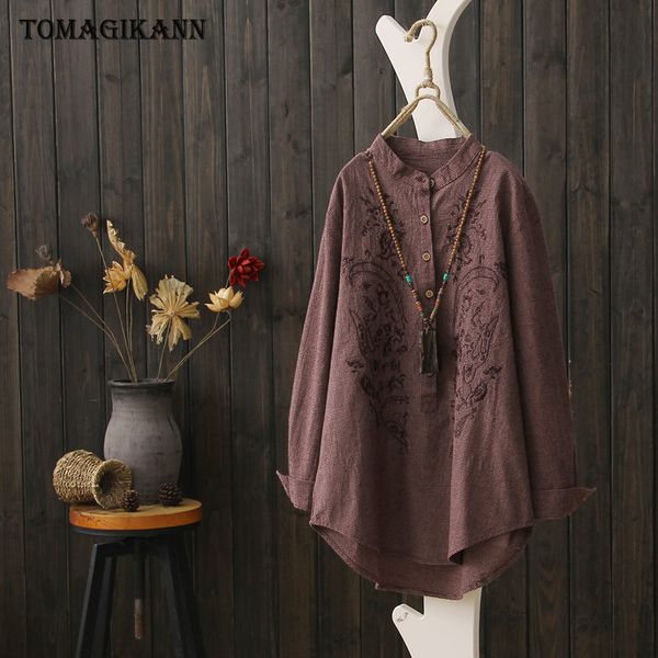 

2018 vintage floral embroidery plaid women blouse shirts casual stand collar three quater sleeve buttons female blusas top, White