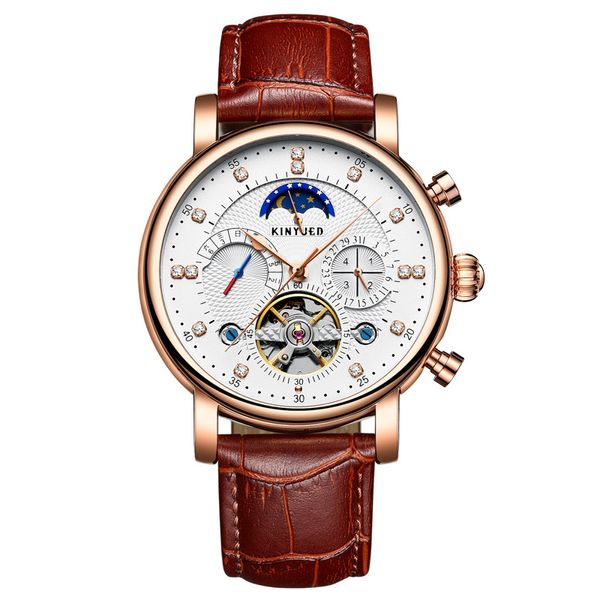 KINYUED brandneue Uhr Schweizer automatische Mode Ledereinsatz Diamant Stern Herren ausgehöhlte mechanische Uhr215A