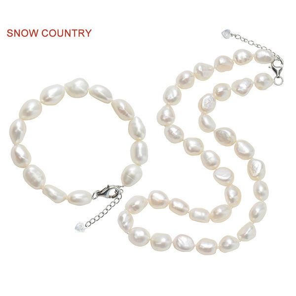 

snow country 9-10mm real baroque pearl necklace bracelet complete matching set of 2 925 sterling silver for girl, Black