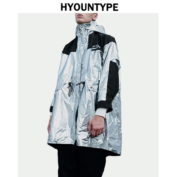 

hip hop silver windbreaker trench jackets men patchwork drawstring waist hooded sweatshirt streetwear autumn long outwear jacket, Tan;black