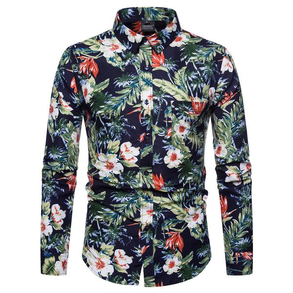 

2018 new mens high street long sleeve slim fit flower printed casual shirts floral turn down collar shirt fashion urban clothing, White;black
