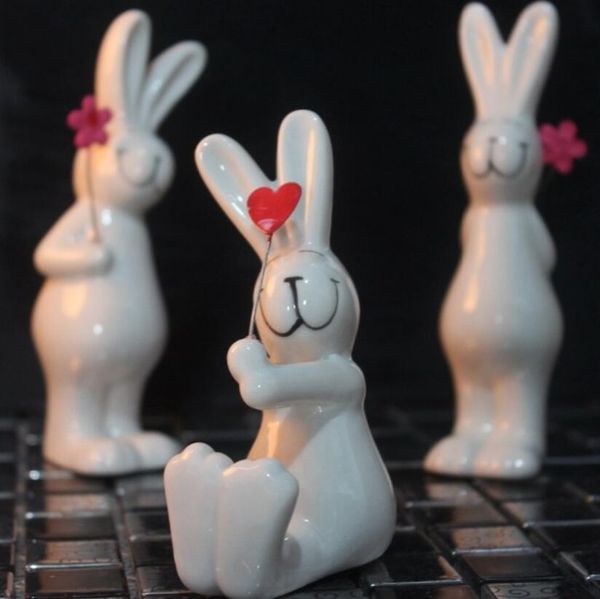 Três cerâmica branca coelho home decor artesanato decoração do quarto artesanato ornamento porcelana animal figurinhas decorações de casamento