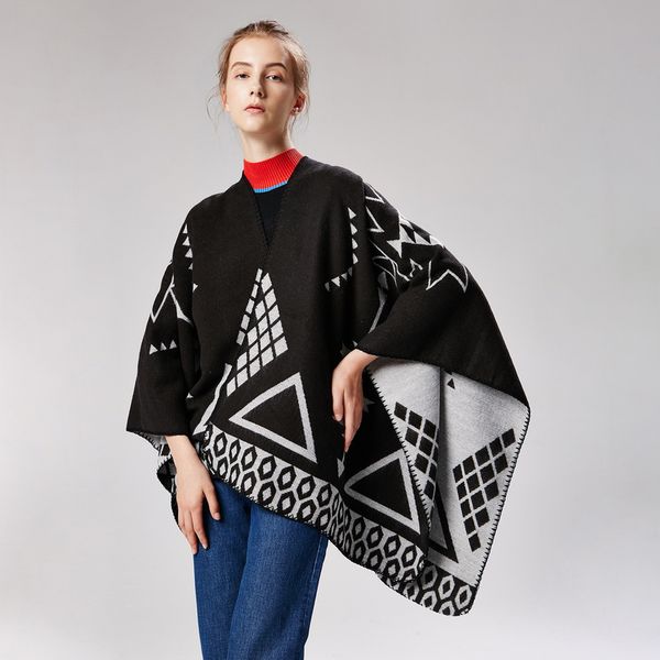 

aorrs059 ladies' geometric design style extended shawl cashmere imitation european and american street fashion poncho