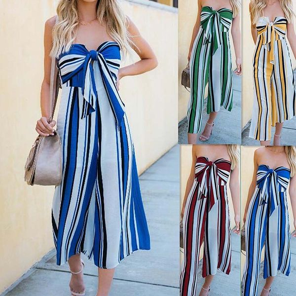 

Womens Summer Casual Boho Print Bow Striped Wide Leg Rompers Playsuit Jumpsuits Strapless Sleeveless Off Shoulder Patchwork Party Overalls