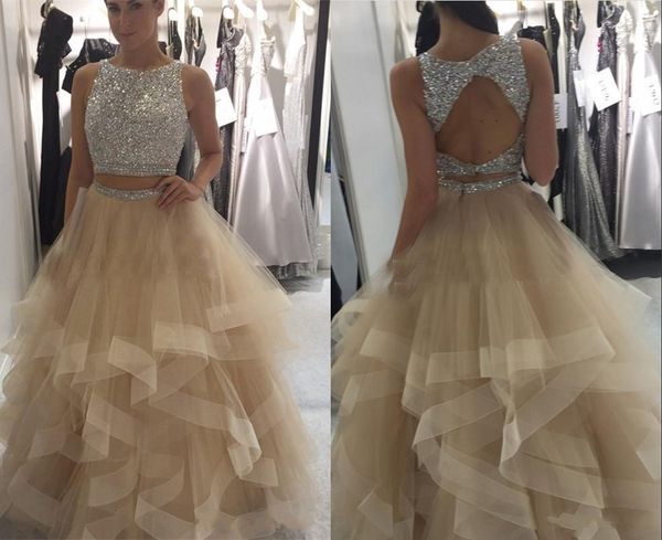 

champagne ball gown prom dresses sparkly sequins beaded tulle tiered skirt keyhole back plus size backless evening party dresses dh4096, Black
