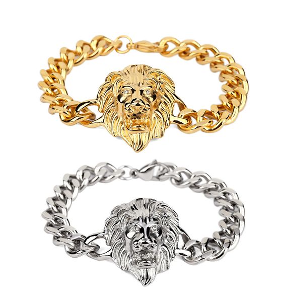 

hip-hop mens lion charm bracelet fashion street gold silver jewelry lion head stainless steel plated bangle bracelets, Black
