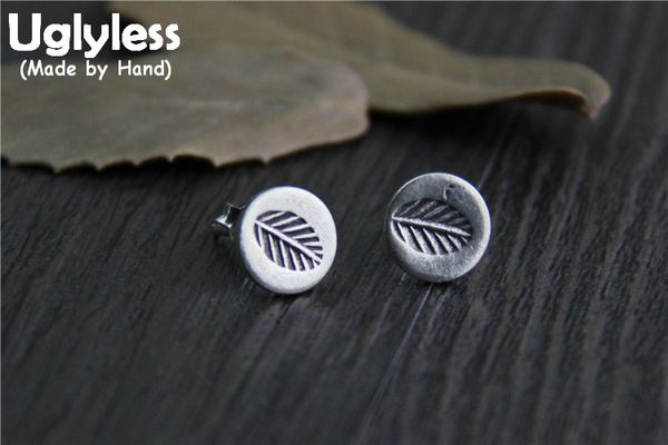 

uglyless real 925 sterling silver handmade ethnic engrave leaves stud earrings for women vintage round jewelry mini size brincos, Golden;silver