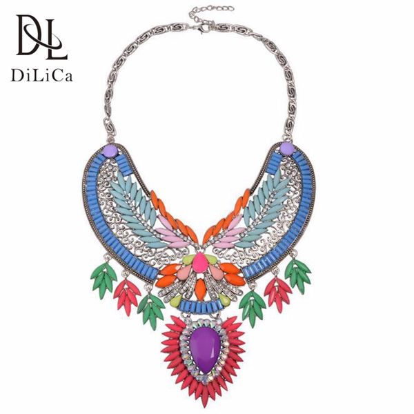 

dilica fashion bib necklaces women maxi statement pendant necklace 2018 crystal flower vintage necklace costume jewelry, Golden;silver