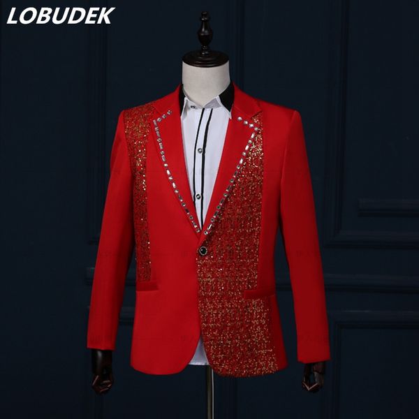 

men shining sequins suits red blue black white rhinestones blazers coat wedding mc outfit bar host stage chorus show costume, White;black