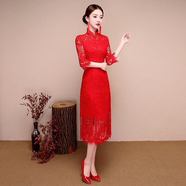 

red lace fashion bride wedding qipao short cheongsam chinese traditional dress slim retro qi pao women antique dresses