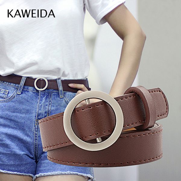 

kaweida fashion 2018 women's accessories female thin solid pu leather circle smooth buckle belts ladies casual belt for jeans, Black;brown