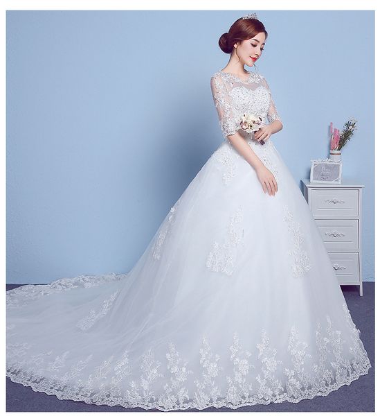 

vestido de noiva new elegant court train wedding dress 2018 o-neck applique wedding gown arabic half sleeve wedding dresses robe de mariage, White