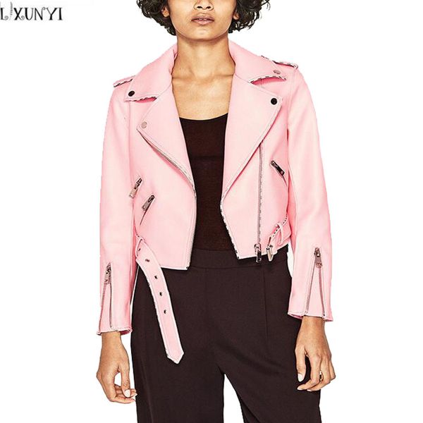 

leather jacket women slim white pink european new fashion multiple zippers belt leather coats ladies pu biker woman jackets 2017, Black
