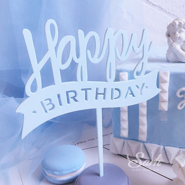 

3pcs acrylic pink blue stripe banner "happy birthday" cake er dessert decoration for birthday party lovely gifts