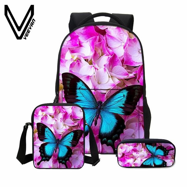 

veevanv 3 шт. / компл. мода 3d buerfly печати bookbag холст рюкзаки женщины сумки на ремне дети рюкзаки девушки мешок школы