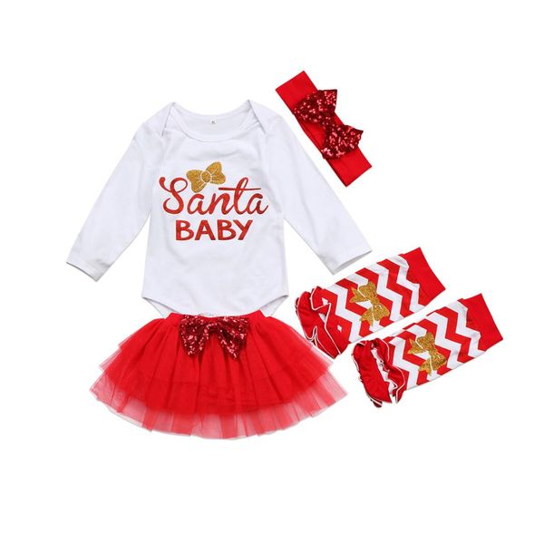 

5 pcs 2018 new christmas set newborn baby girls santa long sleeve romper tulle skirt leg warmer headband outfits clothes set, White