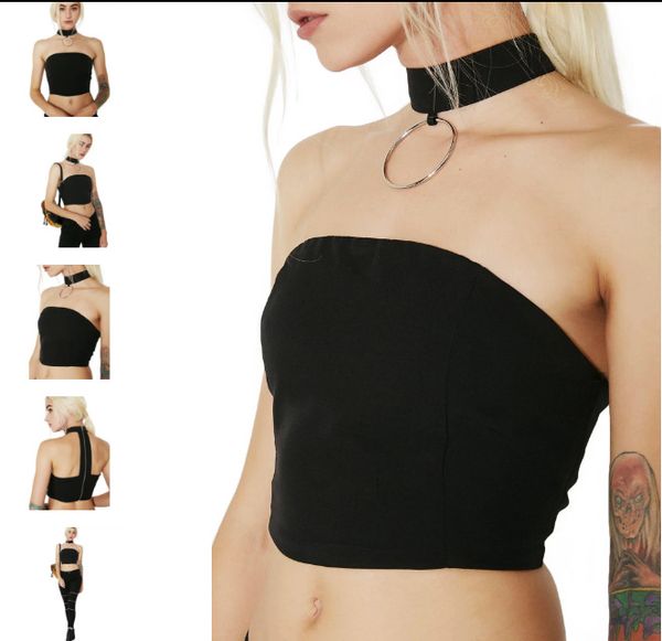 

liva halter off shoulder tube summer skinny metal ring tie backless crop black clubwear sleeveless strapless tanks, White