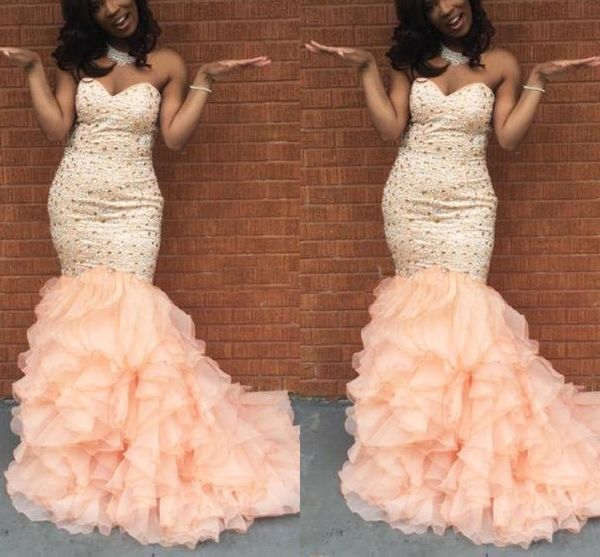 

Blush Pink Mermaid Prom Dresses Sweetheart Sequins Crystal Tiered Organza Plus Size Evening Dresses African Black Girls 2K17 Party Dresses