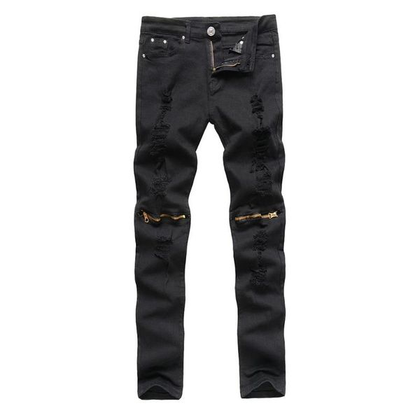 

men ripped knee hole zipper jeans fashionable spring summer casual slim stretchy elastic slim worn hole long pants male trousers, Black