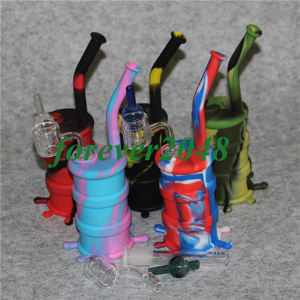 Rauchen Bohrinsel Shisha Wasserpfeife Silikon Wasser Bongs Bubble mit Doppelrohr Thermal Quarz Banger Nagel und Karpfenkappe aus Glas