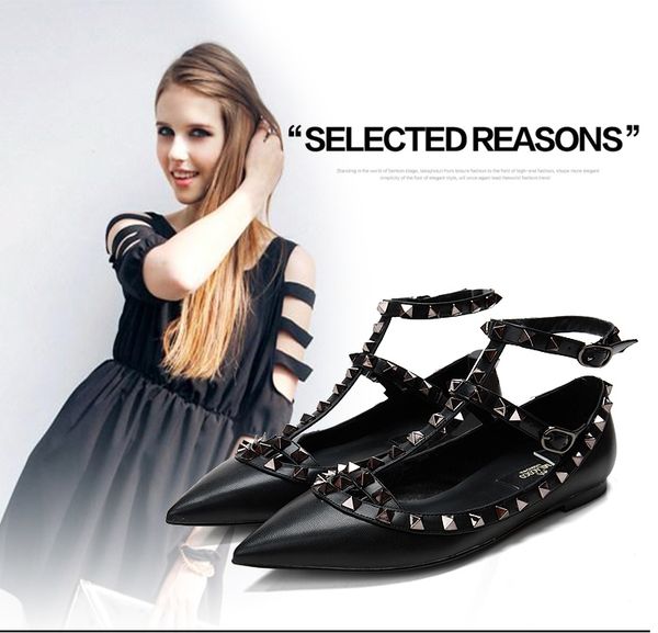 

Горячие Продажи Мода Женщины Заклепки Обувь Квартиры Натуральная Кожа Лодыжки Ремень Острым Носом Шипованных Валентина Обувь Балерины Бесплатная Доставка