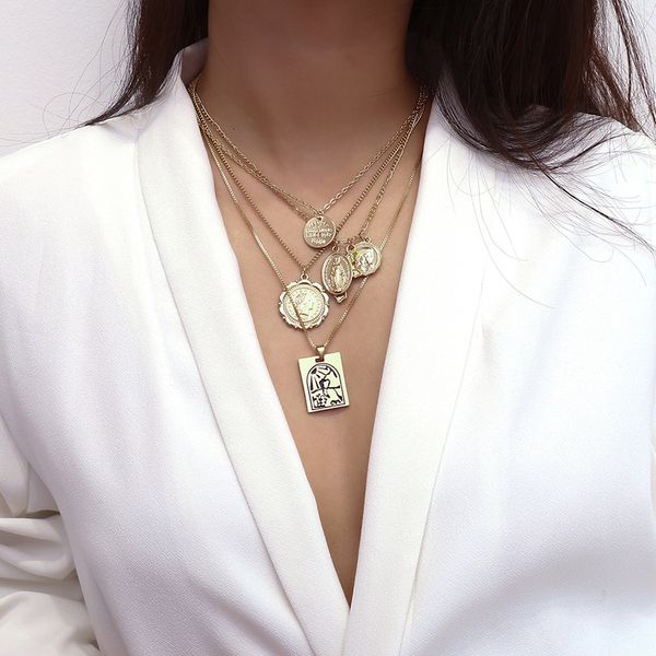 

ethnic alloy metal bar pendant 4 layers chain coin square pendant necklace chunky women statement choker necklaces women jewelry, Golden;silver