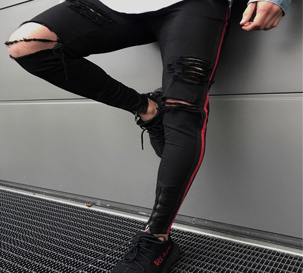 

High Street Mens Pencil Jeans 2 Colors Fashion Broken Red Side Stripe Skinny Denim Pants