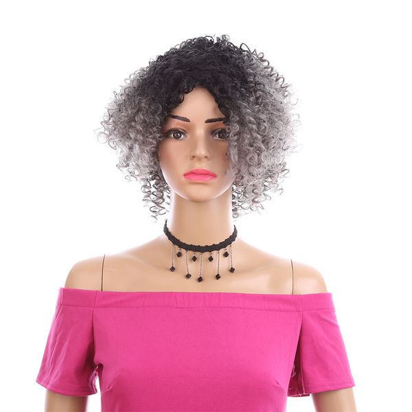 Trendy Moda 10 Inç Kısa Kinky Kıvırcık Peruk Ombre Gri Sentetik Afro Peruk Kadınlar için Afrika Saç Model