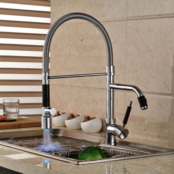 

deck mount single handle led pull down kitchen faucet double spout color changing kitchen mixer taps