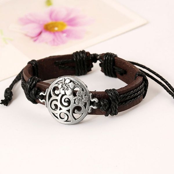 

retro men handmade flower charm genuine leather adjustable bracelet wristband jewelry men women ing, Golden;silver