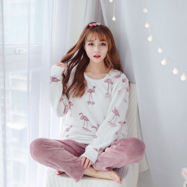 

2018 new winter women pajamas flamingo set long sleeve long trousers coral fleece warm pyjamas flannel clip cotton home clothing, Blue;gray