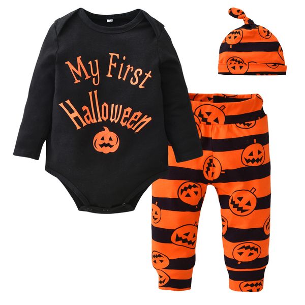 

2018 autumn new baby boys girls clothing set long sleeve halloween style infant 3pcs suit(baby rompers+pants+hat)newborn clothes, White