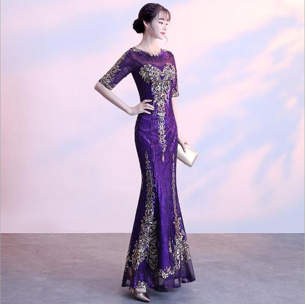 

bling bling chinese vintage style evening dress female fishtail cheongsam dignified dinner party host's long mermaid dress, Red