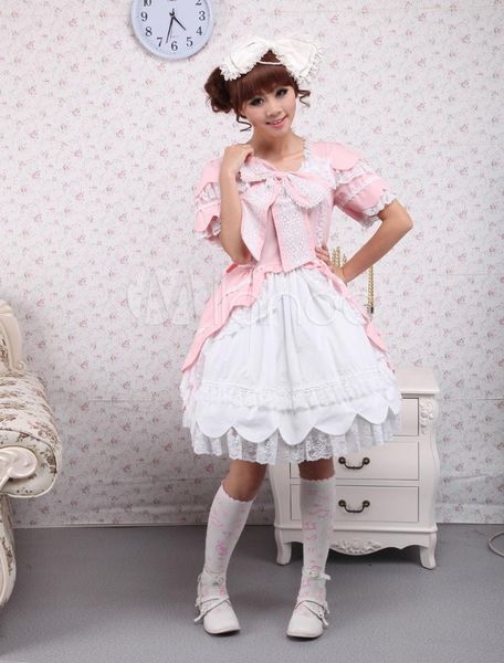 

pink short sleeves bow ruffles sweet cotton lolita dress, Black;red