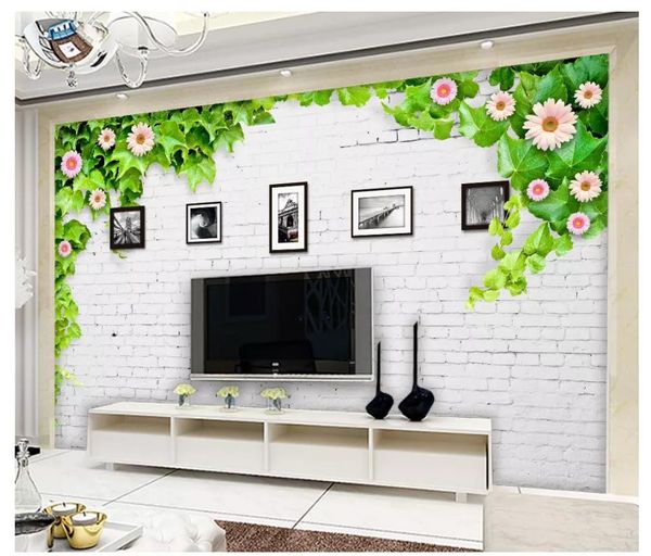 Großhandels-3D Fototapete benutzerdefinierte 3D Wandbilder Tapete Moderne minimalistische weiße Ziegel Wand Blume Rebe Fotorahmen TV Hintergrund Wand