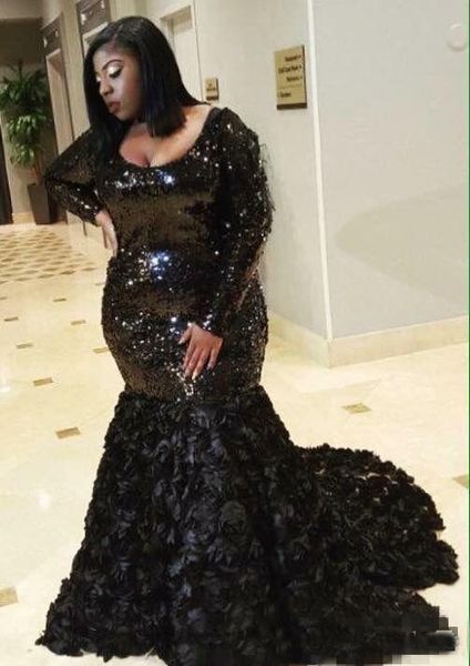 

Plus Size Black Sequins Prom Dresses 2019 3D Rose floral Long Sleeve Scoop Neck Sweep Strain Mermaid Evening Dresses Party Gowns